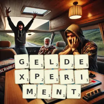 Kreative Illustration für ein Scrabble-Spiel, bei dem das Wort GELDEXPERIMENT mit Steinen auf dem Brett gelegt wurde.