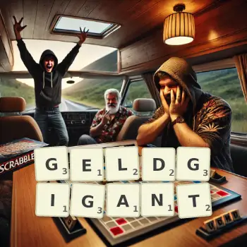 Kreative Illustration für ein Scrabble-Spiel, bei dem das Wort GELDGIGANT mit Steinen auf dem Brett gelegt wurde.