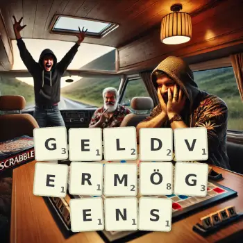 Kreative Illustration für ein Scrabble-Spiel, bei dem das Wort GELDVERMÖGENS mit Steinen auf dem Brett gelegt wurde.