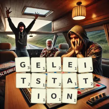 Kreative Illustration für ein Scrabble-Spiel, bei dem das Wort GELEITSTATION mit Steinen auf dem Brett gelegt wurde.