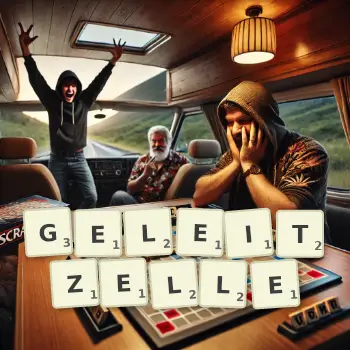 Kreative Illustration für ein Scrabble-Spiel, bei dem das Wort GELEITZELLE mit Steinen auf dem Brett gelegt wurde.