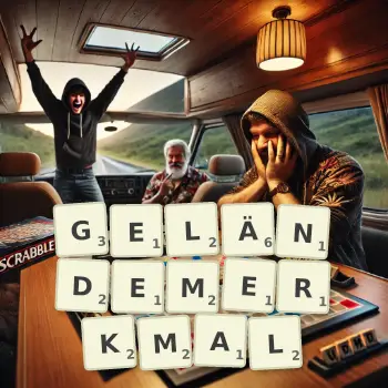 Kreative Illustration für ein Scrabble-Spiel, bei dem das Wort GELÄNDEMERKMAL mit Steinen auf dem Brett gelegt wurde.