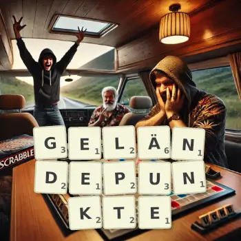 Kreative Illustration für ein Scrabble-Spiel, bei dem das Wort GELÄNDEPUNKTE mit Steinen auf dem Brett gelegt wurde.