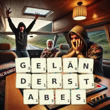 Kreative Illustration für ein Scrabble-Spiel, bei dem das Wort GELÄNDERSTABES mit Steinen auf dem Brett gelegt wurde.