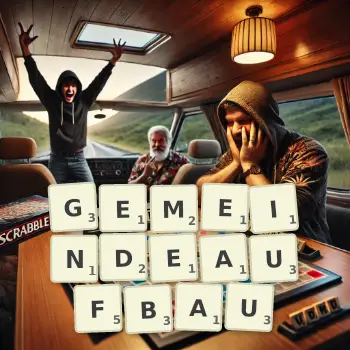 Kreative Illustration für ein Scrabble-Spiel, bei dem das Wort GEMEINDEAUFBAU mit Steinen auf dem Brett gelegt wurde.