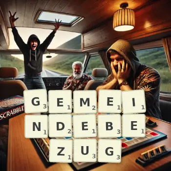 Kreative Illustration für ein Scrabble-Spiel, bei dem das Wort GEMEINDEBEZUG mit Steinen auf dem Brett gelegt wurde.