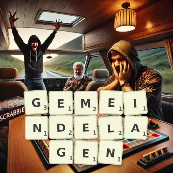 Kreative Illustration für ein Scrabble-Spiel, bei dem das Wort GEMEINDELAGEN mit Steinen auf dem Brett gelegt wurde.