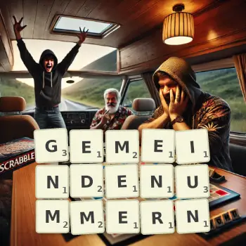 Kreative Illustration für ein Scrabble-Spiel, bei dem das Wort GEMEINDENUMMERN mit Steinen auf dem Brett gelegt wurde.