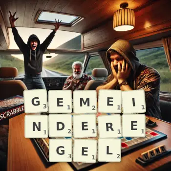 Kreative Illustration für ein Scrabble-Spiel, bei dem das Wort GEMEINDEREGEL mit Steinen auf dem Brett gelegt wurde.