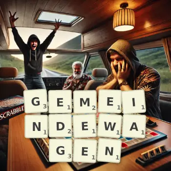 Kreative Illustration für ein Scrabble-Spiel, bei dem das Wort GEMEINDEWAGEN mit Steinen auf dem Brett gelegt wurde.