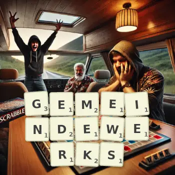 Kreative Illustration für ein Scrabble-Spiel, bei dem das Wort GEMEINDEWERKS mit Steinen auf dem Brett gelegt wurde.
