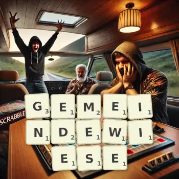 Kreative Illustration für ein Scrabble-Spiel, bei dem das Wort GEMEINDEWIESE mit Steinen auf dem Brett gelegt wurde.