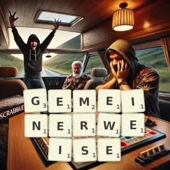 Kreative Illustration für ein Scrabble-Spiel, bei dem das Wort GEMEINERWEISE mit Steinen auf dem Brett gelegt wurde.