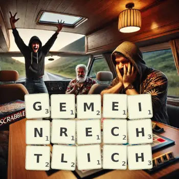 Kreative Illustration für ein Scrabble-Spiel, bei dem das Wort GEMEINRECHTLICH mit Steinen auf dem Brett gelegt wurde.