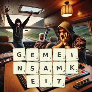 Kreative Illustration für ein Scrabble-Spiel, bei dem das Wort GEMEINSAMKEIT mit Steinen auf dem Brett gelegt wurde.