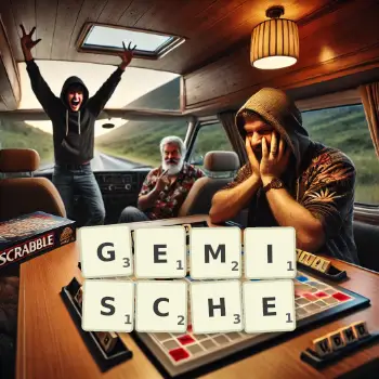 Kreative Illustration für ein Scrabble-Spiel, bei dem das Wort GEMISCHE mit Steinen auf dem Brett gelegt wurde.