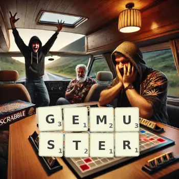 Kreative Illustration für ein Scrabble-Spiel, bei dem das Wort GEMUSTER mit Steinen auf dem Brett gelegt wurde.