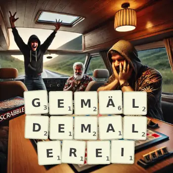 Kreative Illustration für ein Scrabble-Spiel, bei dem das Wort GEMÄLDEMALEREI mit Steinen auf dem Brett gelegt wurde.
