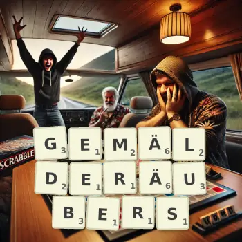 Kreative Illustration für ein Scrabble-Spiel, bei dem das Wort GEMÄLDERÄUBERS mit Steinen auf dem Brett gelegt wurde.