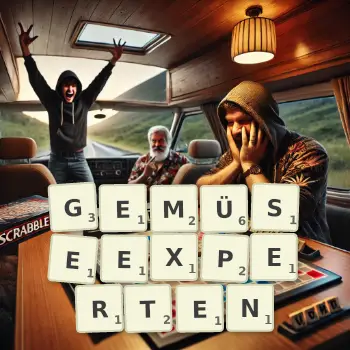 Kreative Illustration für ein Scrabble-Spiel, bei dem das Wort GEMÜSEEXPERTEN mit Steinen auf dem Brett gelegt wurde.