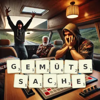 Kreative Illustration für ein Scrabble-Spiel, bei dem das Wort GEMÜTSSACHE mit Steinen auf dem Brett gelegt wurde.