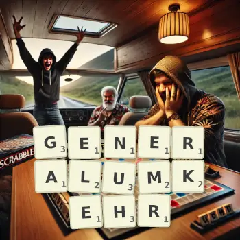 Kreative Illustration für ein Scrabble-Spiel, bei dem das Wort GENERALUMKEHR mit Steinen auf dem Brett gelegt wurde.