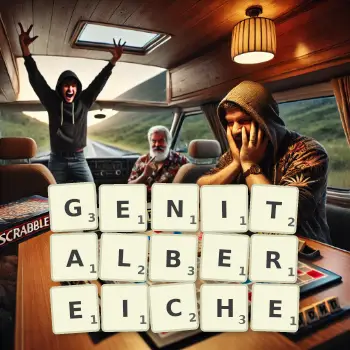 Kreative Illustration für ein Scrabble-Spiel, bei dem das Wort GENITALBEREICHE mit Steinen auf dem Brett gelegt wurde.