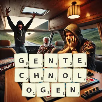 Kreative Illustration für ein Scrabble-Spiel, bei dem das Wort GENTECHNOLOGEN mit Steinen auf dem Brett gelegt wurde.