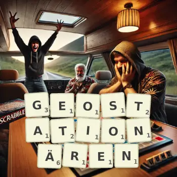 Kreative Illustration für ein Scrabble-Spiel, bei dem das Wort GEOSTATIONÄREN mit Steinen auf dem Brett gelegt wurde.