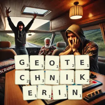 Kreative Illustration für ein Scrabble-Spiel, bei dem das Wort GEOTECHNIKERIN mit Steinen auf dem Brett gelegt wurde.