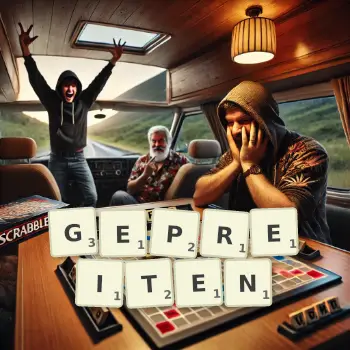 Kreative Illustration für ein Scrabble-Spiel, bei dem das Wort GEPREITEN mit Steinen auf dem Brett gelegt wurde.