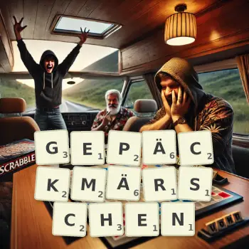 Kreative Illustration für ein Scrabble-Spiel, bei dem das Wort GEPÄCKMÄRSCHEN mit Steinen auf dem Brett gelegt wurde.