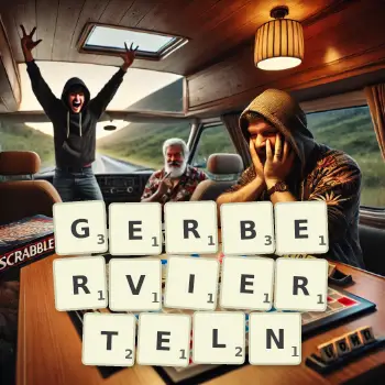 Kreative Illustration für ein Scrabble-Spiel, bei dem das Wort GERBERVIERTELN mit Steinen auf dem Brett gelegt wurde.
