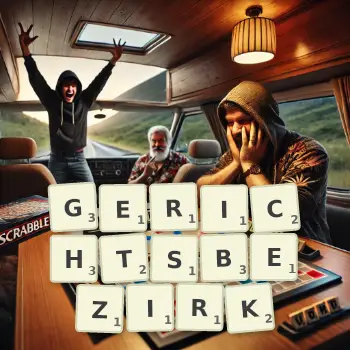 Kreative Illustration für ein Scrabble-Spiel, bei dem das Wort GERICHTSBEZIRK mit Steinen auf dem Brett gelegt wurde.