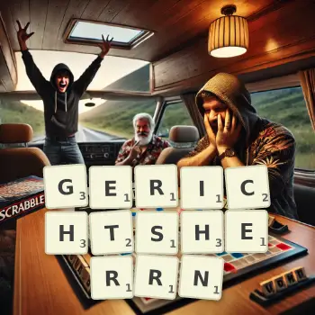 Kreative Illustration für ein Scrabble-Spiel, bei dem das Wort GERICHTSHERRN mit Steinen auf dem Brett gelegt wurde.