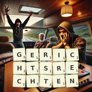 Kreative Illustration für ein Scrabble-Spiel, bei dem das Wort GERICHTSRECHTEN mit Steinen auf dem Brett gelegt wurde.