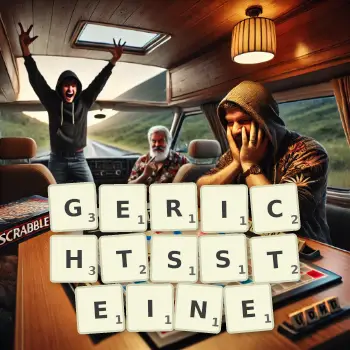 Kreative Illustration für ein Scrabble-Spiel, bei dem das Wort GERICHTSSTEINE mit Steinen auf dem Brett gelegt wurde.