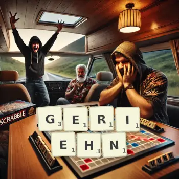 Kreative Illustration für ein Scrabble-Spiel, bei dem das Wort GERIEHN mit Steinen auf dem Brett gelegt wurde.