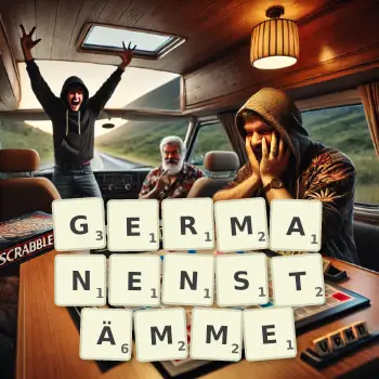 Kreative Illustration für ein Scrabble-Spiel, bei dem das Wort GERMANENSTÄMME mit Steinen auf dem Brett gelegt wurde.