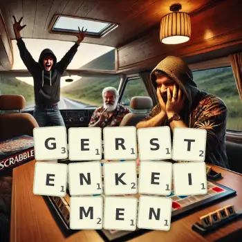 Kreative Illustration für ein Scrabble-Spiel, bei dem das Wort GERSTENKEIMEN mit Steinen auf dem Brett gelegt wurde.