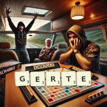 Kreative Illustration für ein Scrabble-Spiel, bei dem das Wort GERTE mit Steinen auf dem Brett gelegt wurde.