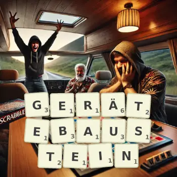 Kreative Illustration für ein Scrabble-Spiel, bei dem das Wort GERÄTEBAUSTEIN mit Steinen auf dem Brett gelegt wurde.