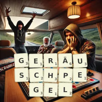 Kreative Illustration für ein Scrabble-Spiel, bei dem das Wort GERÄUSCHPEGEL mit Steinen auf dem Brett gelegt wurde.