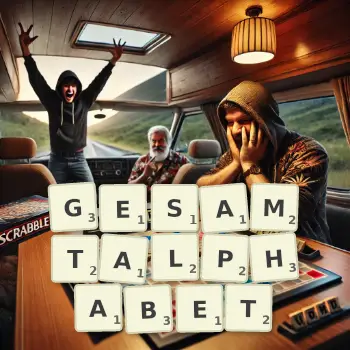 Kreative Illustration für ein Scrabble-Spiel, bei dem das Wort GESAMTALPHABET mit Steinen auf dem Brett gelegt wurde.