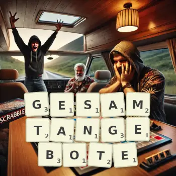 Kreative Illustration für ein Scrabble-Spiel, bei dem das Wort GESAMTANGEBOTE mit Steinen auf dem Brett gelegt wurde.