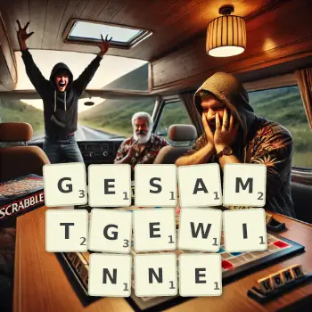 Kreative Illustration für ein Scrabble-Spiel, bei dem das Wort GESAMTGEWINNE mit Steinen auf dem Brett gelegt wurde.