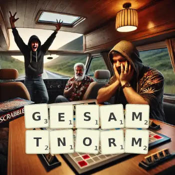 Kreative Illustration für ein Scrabble-Spiel, bei dem das Wort GESAMTNORM mit Steinen auf dem Brett gelegt wurde.