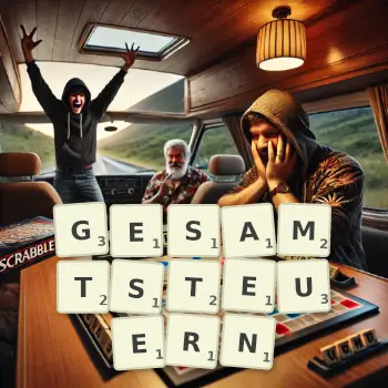 Kreative Illustration für ein Scrabble-Spiel, bei dem das Wort GESAMTSTEUERN mit Steinen auf dem Brett gelegt wurde.