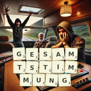 Kreative Illustration für ein Scrabble-Spiel, bei dem das Wort GESAMTSTIMMUNG mit Steinen auf dem Brett gelegt wurde.