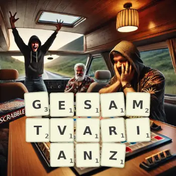 Kreative Illustration für ein Scrabble-Spiel, bei dem das Wort GESAMTVARIANZ mit Steinen auf dem Brett gelegt wurde.